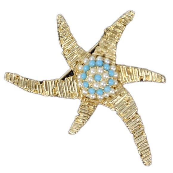 Vintage Starfish Brooch Gold Tone with Faux Turquoise & Pearl Cluster Jewelry - Picture 1 of 5